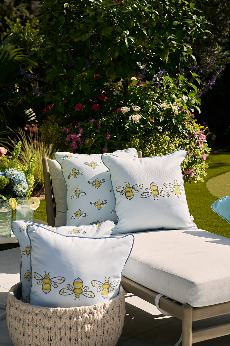 Bee Trio with Repeating Bees Outdoor Pillow