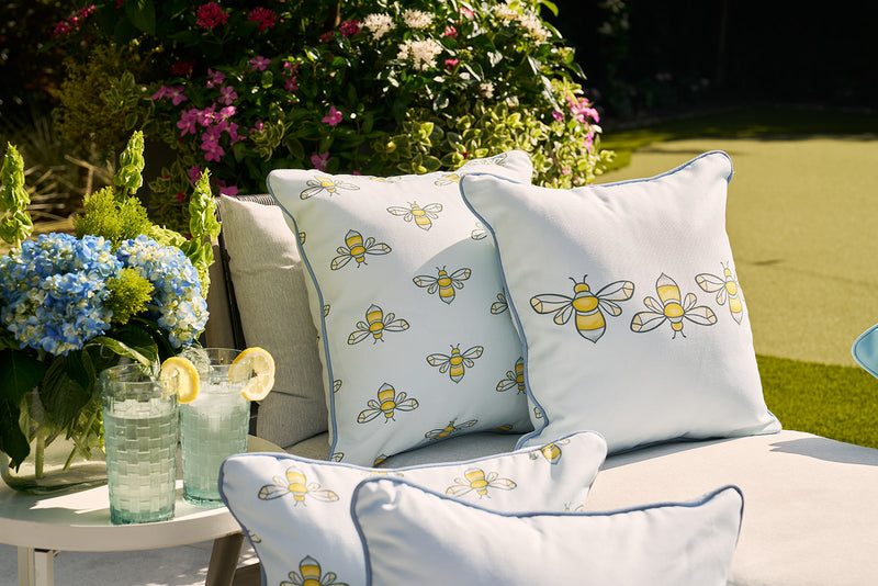 Bee Trio with Repeating Bees Outdoor Pillow