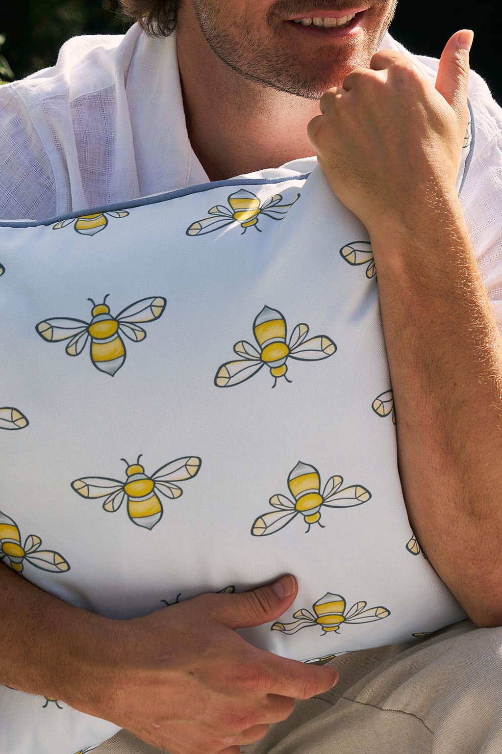 Bee Trio with Repeating Bees Outdoor Pillow