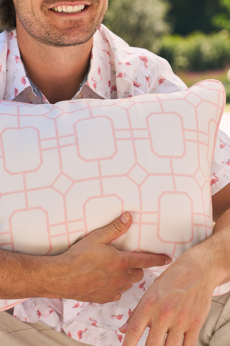 Flamingo with Pink Lattice Lumbar Outdoor Pillow