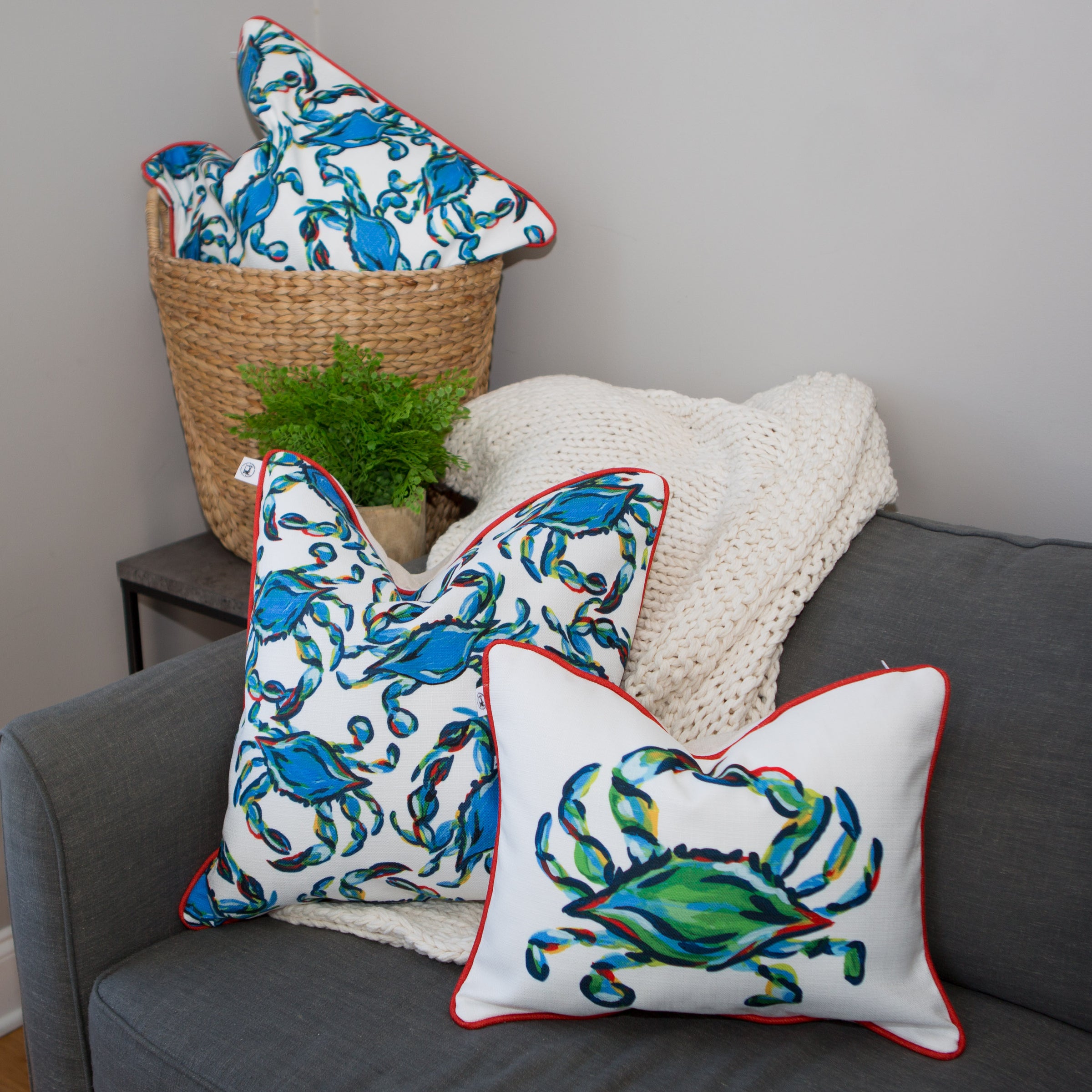 Blue Crab Chain Stitch Decorative Throw Pillow 18x18 (Insert Included)